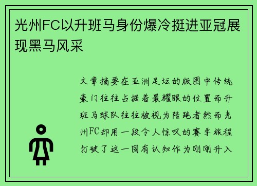 光州FC以升班马身份爆冷挺进亚冠展现黑马风采
